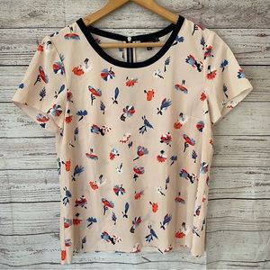 Talbots Short Sleeve Floral Blouse Woman’s Sz 10 Beige Zip Back